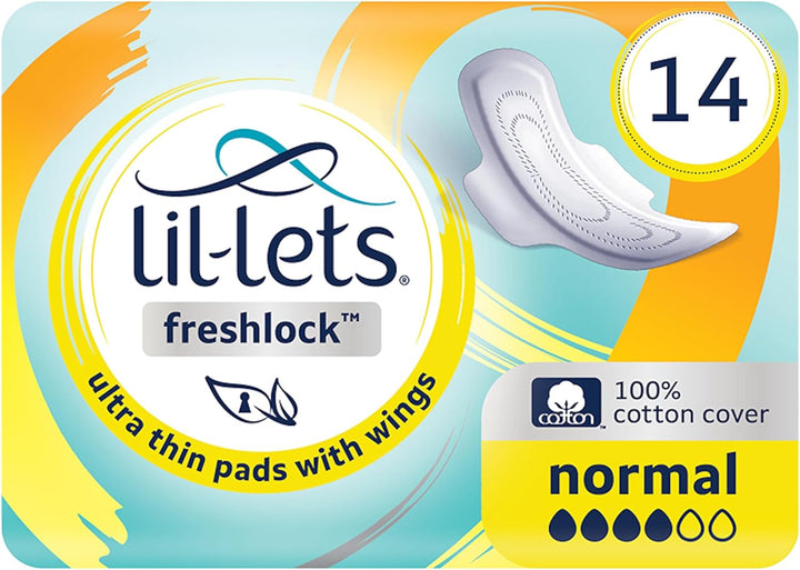 Freshlock™ Ultra Thin Period Pads - 14 Count (1 Pack), Normal Absorbency, with Wings, Unscented, 100% Cotton Cover, Regular Absorbency Sanitary Towels