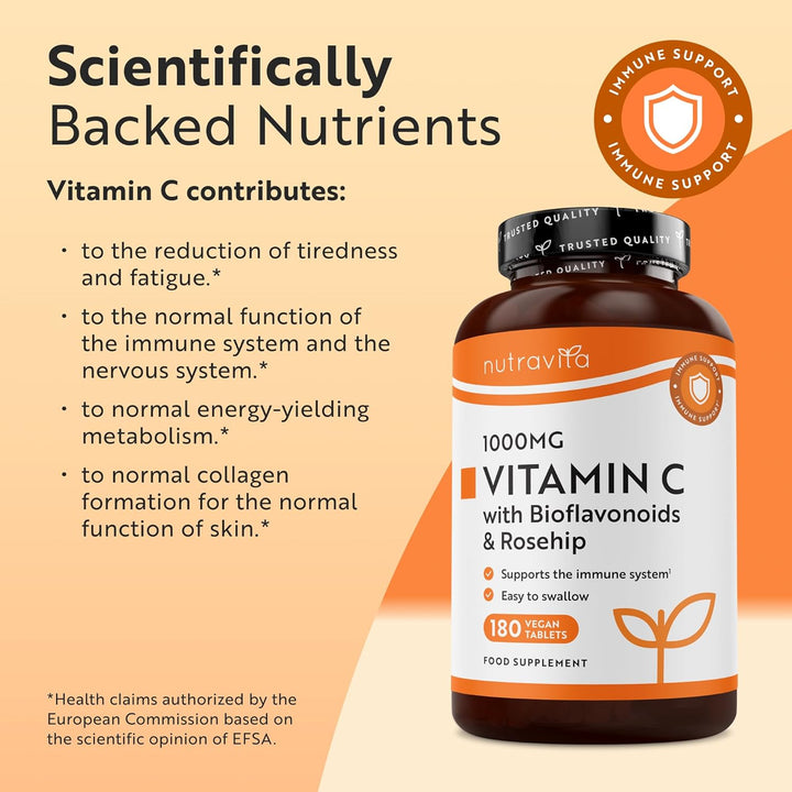 Vitamin C 1000Mg – 180 Premium Vegan & Vegetarian Tablets – 6 Month Supply – High Strength Ascorbic Acid – with Added Bioflavonoids & Rosehip – Normal Immune System – Made in the UK