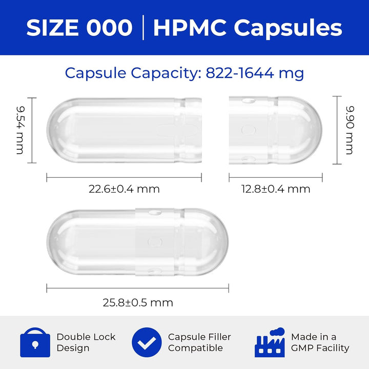 Empty Capsules Size 000 100 Count,Clear Empty Vegan Capsules Kosher,Halal and Non GMO Certified for DIY Supplements.Hypoallergenic Veggie Capsule Empty with 2 Spoons,Adapted to the Capsule Filler