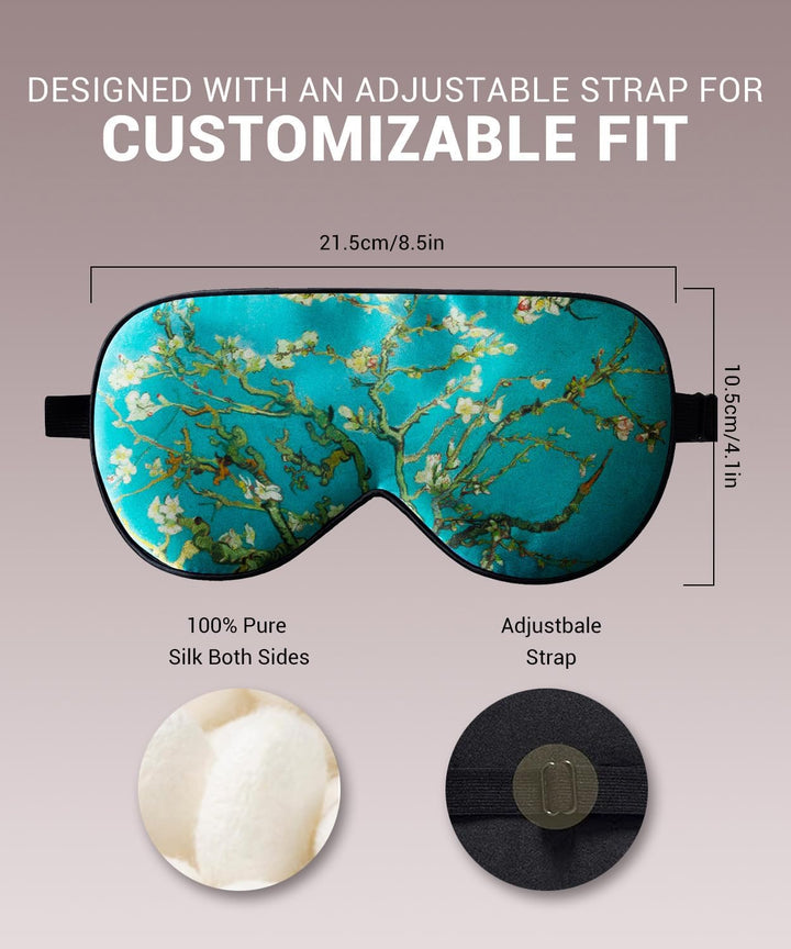 100% Natural Mulberry Silk Eye Mask for Sleeping with a Travel Pouch, Both Sides 19 Momme Organic Silk, Adjustable Sleep Eye Mask for Women, Green-Floral