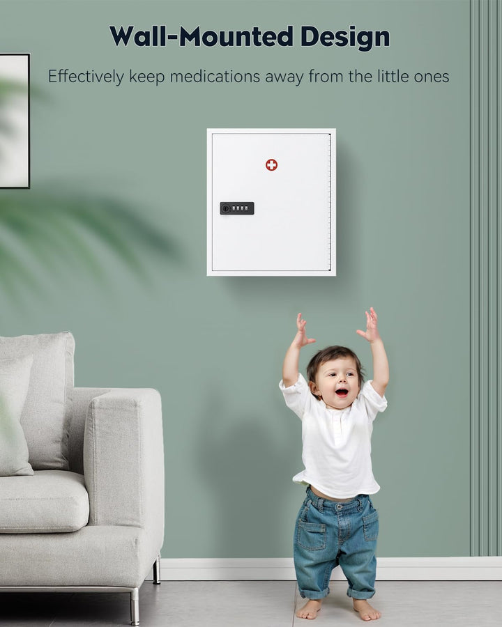 Wall Mount Medicine Cabinet with Combination & Key Lock Locking First Aid Cabinet Lockable Medical Large Capacity Medicine Organizer Secure Steel Wall Metal Storage Box, White