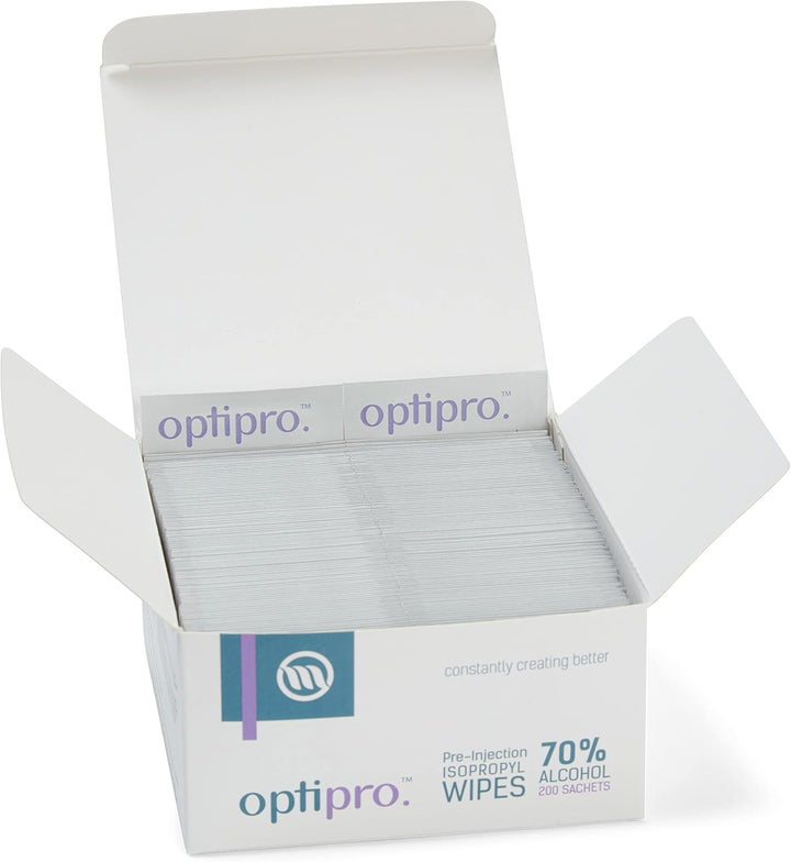 Optipro Pre-Injection Wipes (X200) - Individually Wrapped Disposable Medical Skin Cleaning Easy-Tear 70% Isopropyl Alcohol Sachet (Packaging May Vary) (200 Wipes)