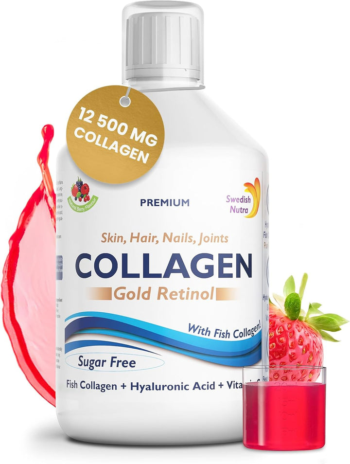 - 12,500 Mg Hydrolyzed Marine Collagen & Gold Retinol Liquid Supplement - 500 Ml Pack, 20 Day Supply | Pure Peptide & Hyaluronic Acid for Healthy Hair, Skin, Nails & Joints I Sugar-Free