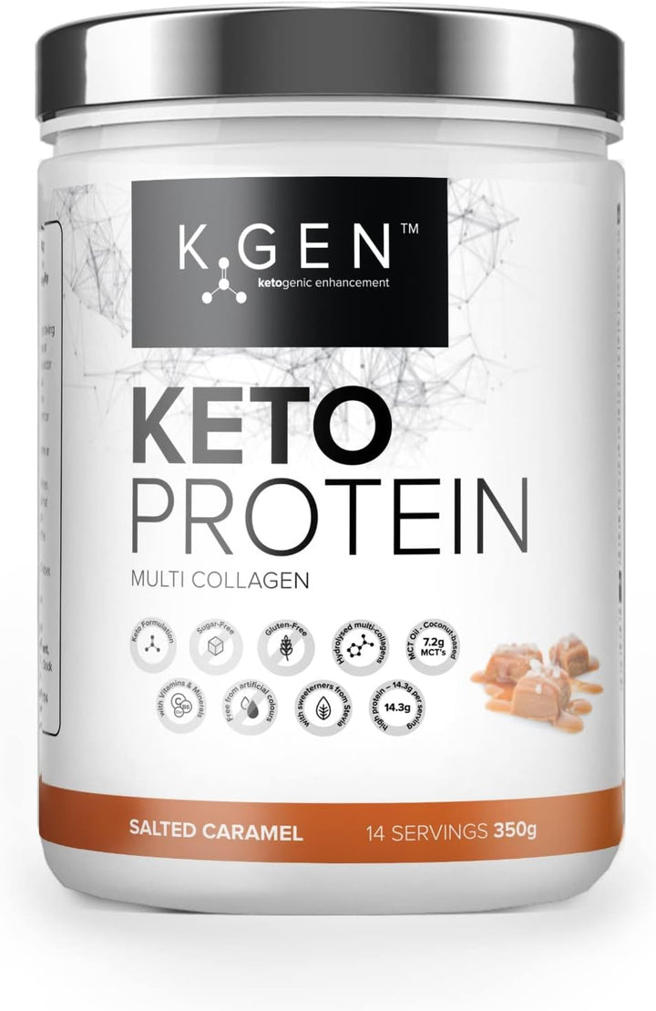 K-GEN™ Keto Collagen Protein Powder Advanced Salted Caramel Powder with Multi Collagen Blend, Coconut MCT, Vitamin C + B6 Stevia | UK Made for Keto, Paleo & Primal | Free-From: Sugar & Gluten