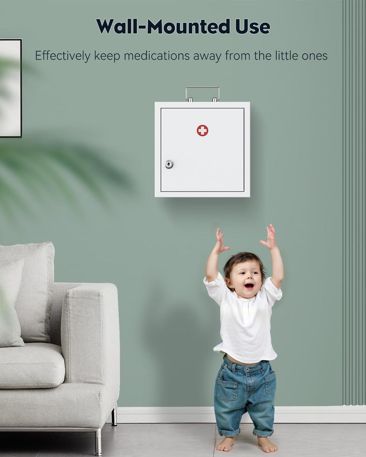 Wall Mount Medicine Cabinet with Key Lock & Handle Locking First Aid Lockable Medical Storage Box Medium Medicine Organizer Secure Steel Wall Cabinet Metal Storage Box, White