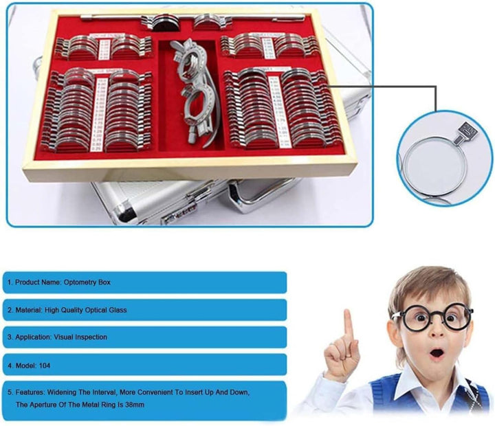 104 PCS Optical Trial Lens Set Optometry Kit Metal Rim Aluminium Case Kit Set with Optometry Test Trial Frame, Accurate Rim Retinoscopy Rack Lenses Test Glasses