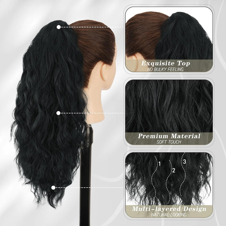 Ponytail Extension, Black Hair Claw Clip in Extensions Long Curly Wavy Hairpieces Drawstring for Natural Soft Synthetic Daily Use Party (18'', Black), 18 Inch