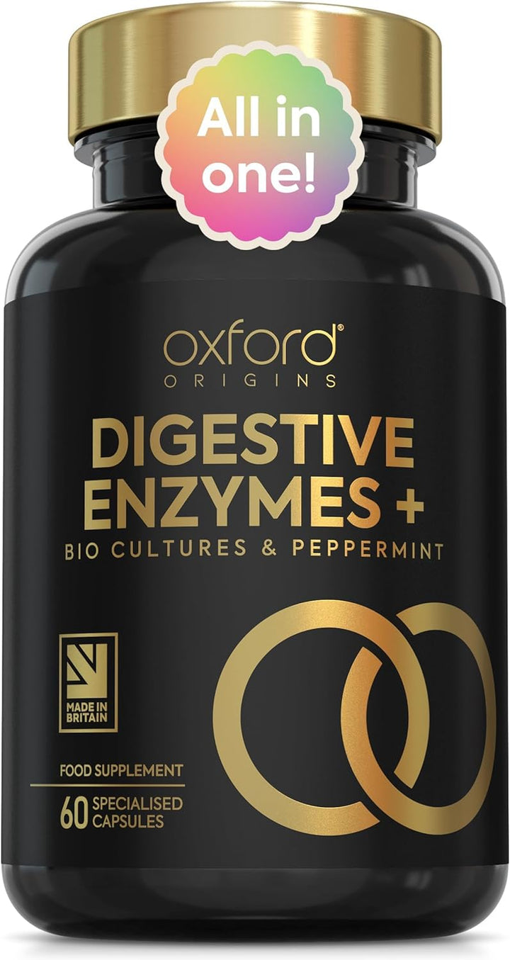 Award Winning 10-In-1 Digestive Enzyme Supplements | Made in the UK | Probiotics & Peppermint Oil for Gut Health, Bloating Relief and Belly Reduction | One Vegan Capsule per Meal | 60 Capsules