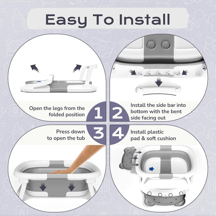 Baby Bath Tub Foldable, Baby Bathtub Collapsible Essentials for Newborn with Soft Cushion (0-18Months), Baby Shower for Infant to Toddler Gift Portable Space-Saving Travel,Grey