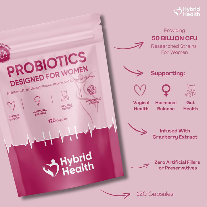 Probiotics for Women | 120 Vegan Capsules | 50 Billion CFU Womens Probiotics for Gut Health | 11 Probiotic Researched Strains with Prebiotics & Cranberry Extract | Vegan Non-Gmo