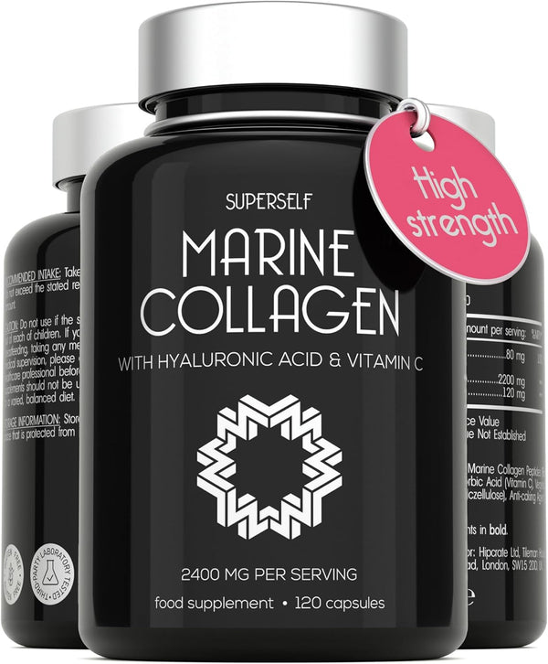 Marine Collagen Capsules 2200Mg - with Hyaluronic Acid & Vitamin C - High Strength Complex for Skin Hair Support - Premium Type 1 Peptides - Collagen Supplements for Women & Men - 120 Capsules