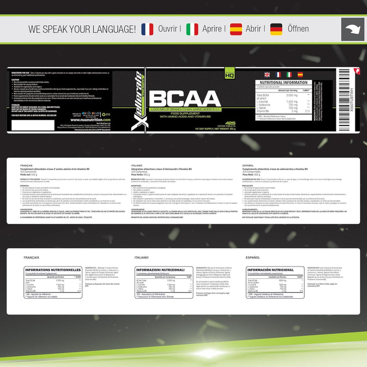 BCAA Amino Acid Tablets - 3000Mg per Serving - 425 Vegan Tablets Not Capsules or Powder - Supplement with Vitamin B6 2:1:1 - Made in the UK -