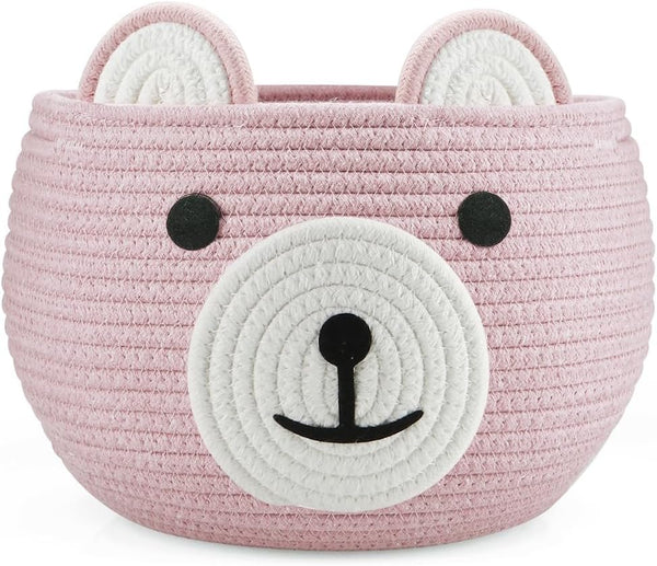 Cotton Rope Baby Basket, Baby Gift Basket Nursery Laundry Organizer with Cute Bear Design for Storage Infant Newborn Essentials, Diaper Caddy with Handle (Pink)