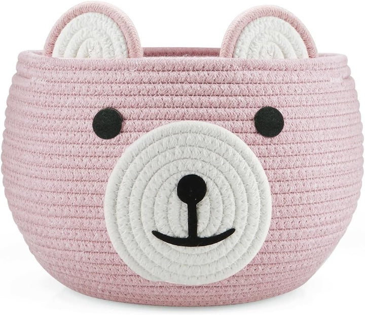 Cotton Rope Baby Basket, Baby Gift Basket Nursery Laundry Organizer with Cute Bear Design for Storage Infant Newborn Essentials, Diaper Caddy with Handle (Pink)