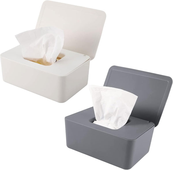 2-In-1 Reusable Wipes Holder/Dispenser with Lid - Dustproof, Keeps Wipes Fresh for Travel, Car, Home and Office (Gray & White)