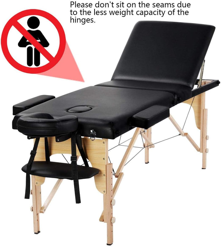 Portable Massage Table Folding Spa Beauty Bed Lightweight Tattoo Therapy Couch Wooden 60 Cm Width 3 Section Black