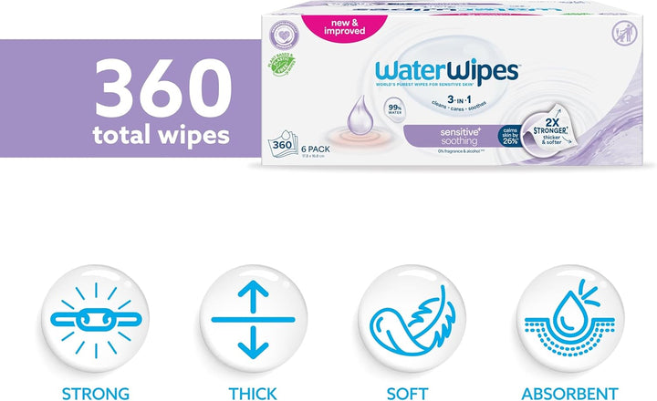 Sensitive+ Soothing Wipes, 360 Count (6 Packs), 3-In-1 Cleans, Cares, Soothes, 99% Water with Botanical Extract, Unscented Baby Wipes