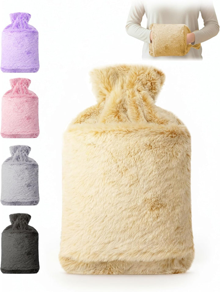 Hot Water Bottle 2L with Soft Faux Fur Cover, Leakproof Natural Rubber, Long Lasting Warmth for Neck, Back & Hands, Fluffy Cosy Design for Men & Women, Winter Comfort - Grey
