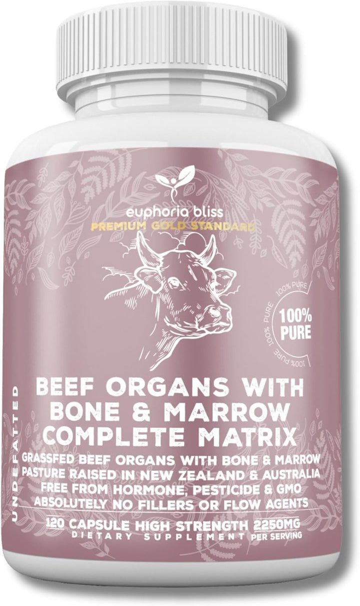Premium Beef Organs & Bone & Marrow Complex Duo - 120 Capsules Grass-Fed Freeze-Dried Liver, Bone & Marrow, Heart, Kidney, Pancreas, Spleen, Intestine, Tripe/Stomach, No Hormones, Antibiotics or GMO