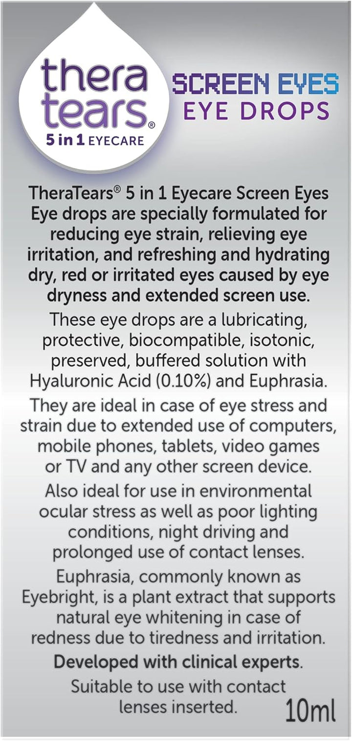 Screen Eyes Eye Drops | Relieves, Refreshes and Whitens Dry, Red or Irritated Eyes from Extended Screen Use | Contact Lens Friendly | 5 in 1 Eye Care Drops | 10Ml