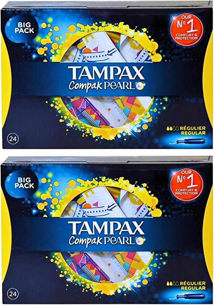 Tampons Multipack Bundle with 2X Tampax Compak Pearl Regular Tampons Applicator 24 Count - 48 Total Count - Comfort, Protection and Discretion
