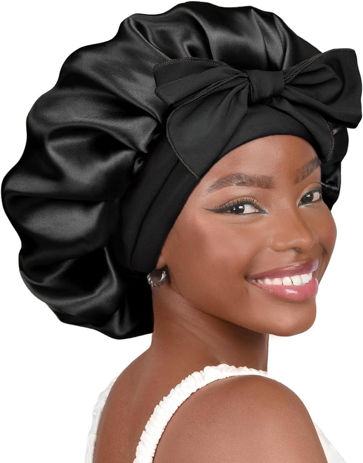 Silk Bonnet for Sleeping Women Satin Bonnet Double Layer Satin Lined Hair Bonnet with Tie Band Curly Hair
