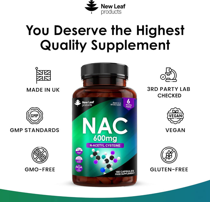 NAC N-Acetyl-Cysteine 600Mg Capsules N-Acetyl Cysteine Nutritional Supplements 180 NAC Capsules - Nac Supplement High Bioavailability Amino Acid - Vegan Friendly - Made in UK by New Leaf