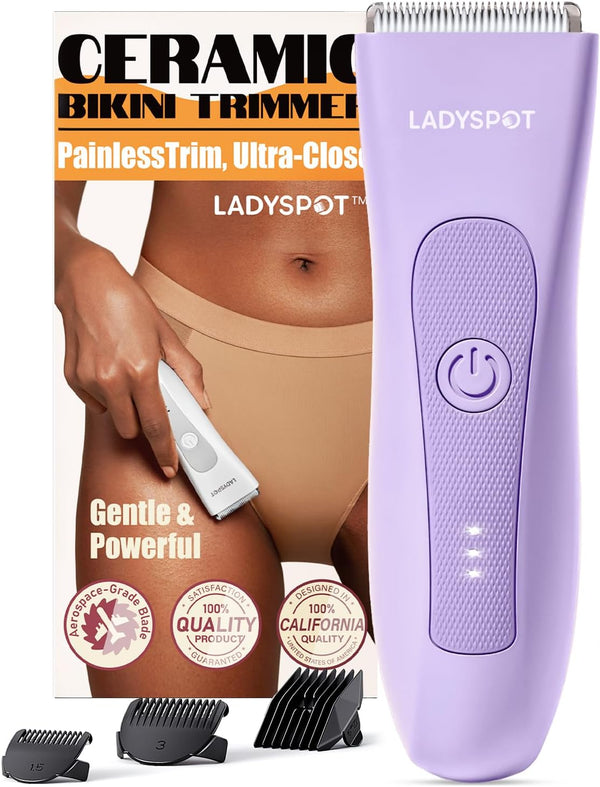Bikini Trimmer for Women, LADYSPOT™ Lady Shavers for Women Rechargeable Bikini Shaver for Pubic Hair with 3 Guards and Hypoallergenic Ceramic Blade, Wet/Dry Lady Razors for Body, Legs, Bikini