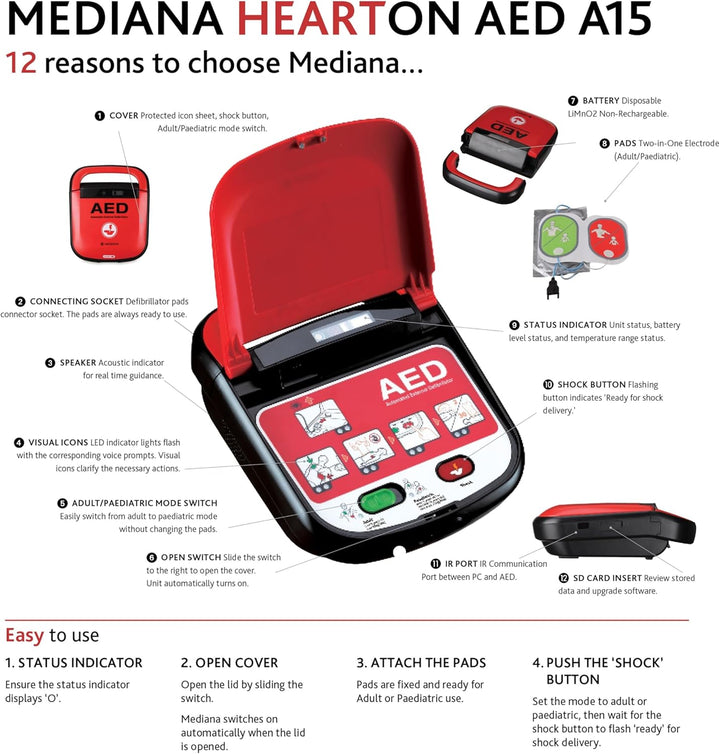 Mediana A15 Hearton AED Unit - Adult/Paediatric Mode Switch - Defibrillator Unit for Home, Schools, Clubs and Groups - Protective Outer Cover