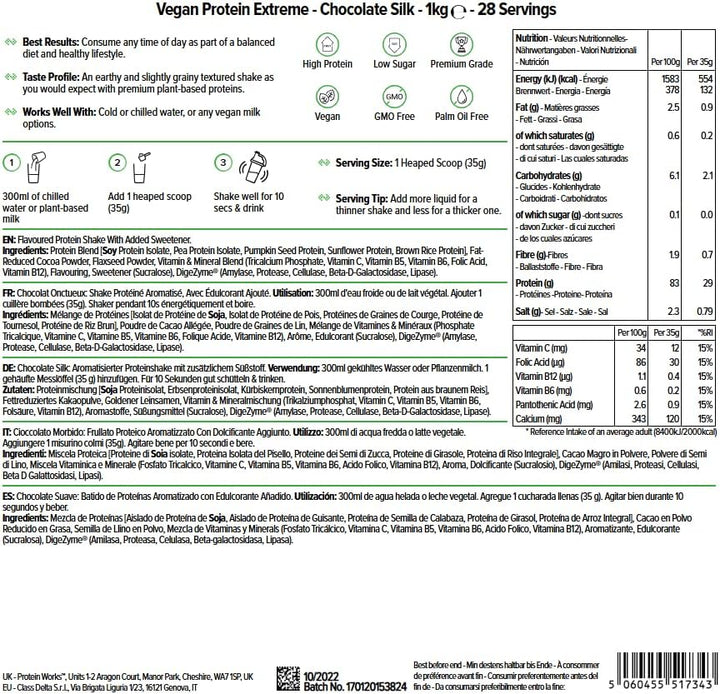 Protein Works - Vegan Protein Extreme, Added Vitamin Blend, Vegan Protein Powder, Plant Based Protein Shake, 28 Servings, Chocolate Silk, 1Kg