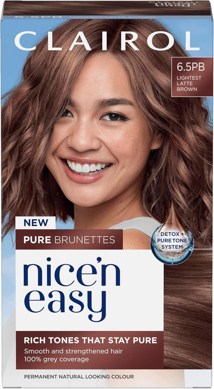 Nice N’ Easy Pure Brunettes Hair Colour | Pure and Rich Brown Tones | Smooth, Natural Hair Colour | with Pre-Colour Serum | 100% Grey Coverage | 6.5PB Lightest Latte Brown| Permanent Hair Dye
