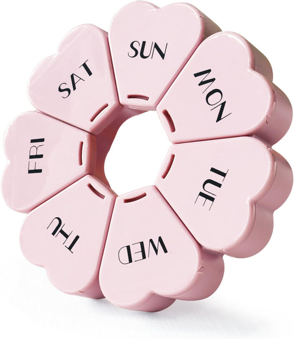 Weekly Pill Organiser, Cute, 7 Day, Large Compartments, Portable Tablet Box, Round, Vitamin and Supplement Case (Pink)