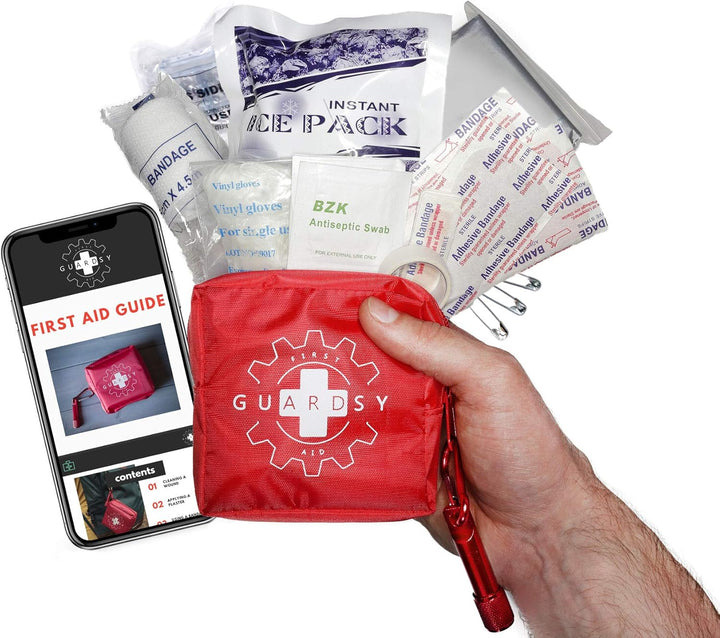 Guardsy Mini First Aid Kit | Compact Small Medical Emergency Survival Kit Perfect for Car, Travel, Hiking, Camping, Outdoor, Cycling, Running, Home, Vehicle, Sports. with Digital First Aid Guide App