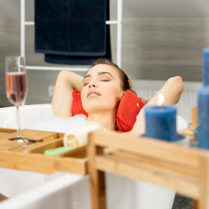 Bamboo Bathtub Caddy, Wooden Bathroom Rack with Bookstand, Extendable, HWD: 19 X 107.5 X 23 Cm, Natural