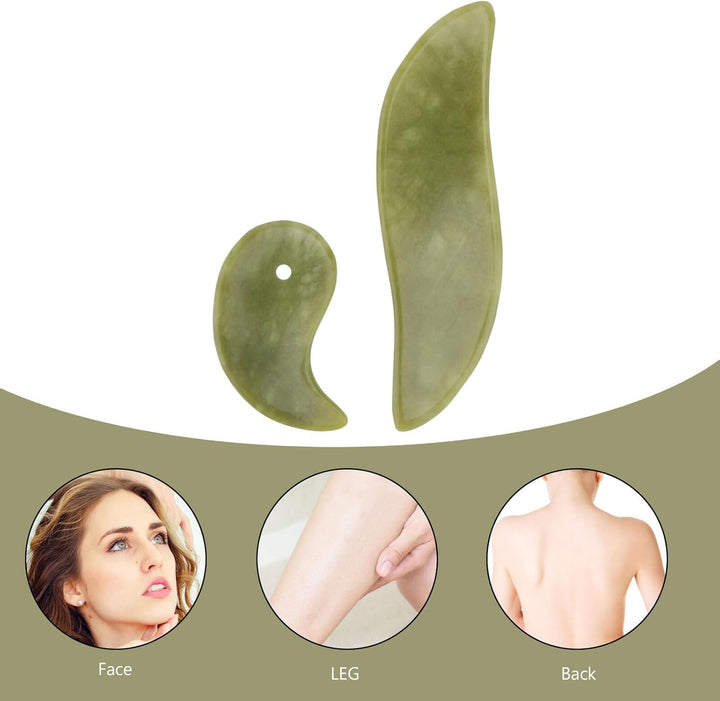 2Pcs Natural Jade Gua Sha Boards Face Massage Plate for Skin Beauty and Body Health Smooth Traditional Scraping Tools with Ergonomic Design for Facial and Full Body Use