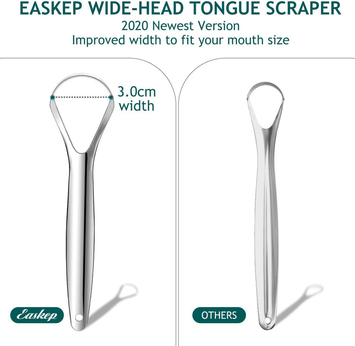 Tongue Scraper (2 Pack), Wide-Head Tongue Cleaner with Nice Carrying Box,  100% Stainless Steel Tongue Scrapers Cleaners, for Men, Women, Adults, Kids, Silver