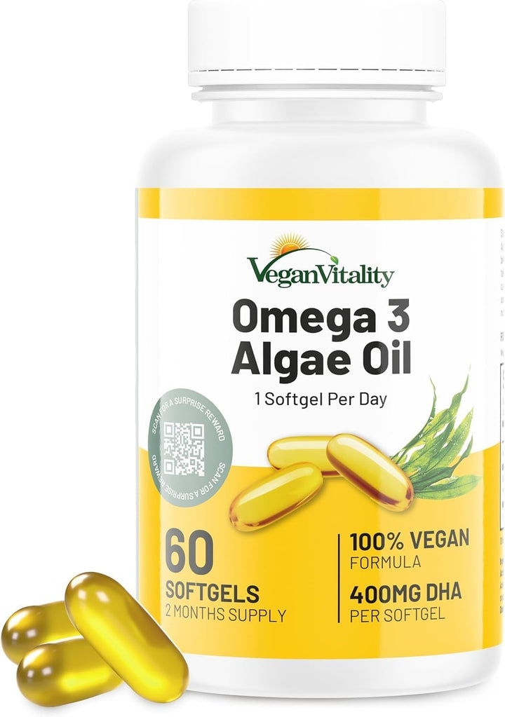 Omega 3 Algae Oil : 400Mg DHA - for Heart, Joints, Brain Health, High Strength 60 Softgel Tablets, 2 Months Supply. 'S Algae Omega 3 - Vegans, Vegetarians DHA Supplement