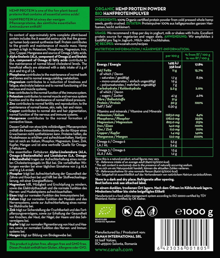 ® Organic Hemp Protein Powder 1Kg Vegan, High in Protein, Fibre, Omega 3 & Omega 6, Amino Acids, Vitamins and Minerals, Certified Kosher + Free Bonus Recipes