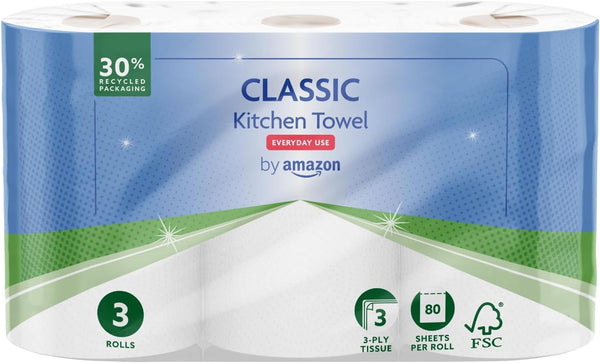 Classic Kitchen Roll, 3-Ply, Strong and Absorbent, 3 Rolls (1 Pack of 3), 80 Sheets per Roll, FSC Certified