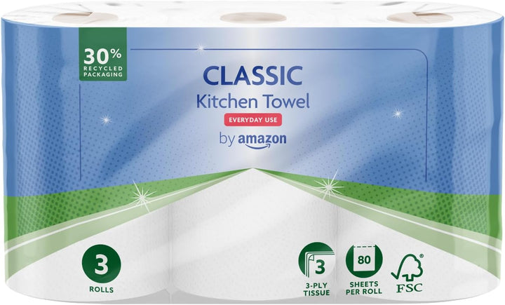 Classic Kitchen Roll, 3-Ply, Strong and Absorbent, 3 Rolls (1 Pack of 3), 80 Sheets per Roll, FSC Certified