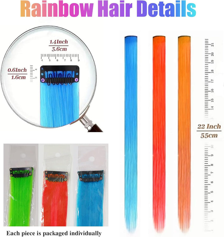 20PCS DIY Clip in Coloured Hair Extensions for Kids, Girls, Women - 22 Inch Silky Rainbow Straight Extensions, 10 Colours for Party Highlights and Crazy Hair Day