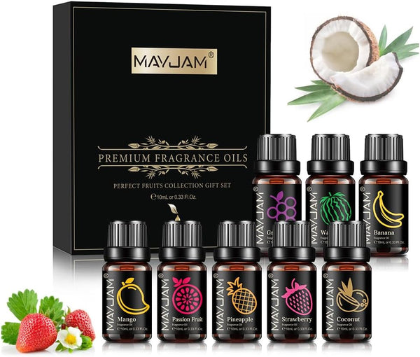 Fruity Fragrance Oil Set 8 X 10ML, Essential Oils Set for Diffuser - Aromatherapy, DIY - Mango, Passion Fruit, Strawberry, Watermelon, Coconut, Pineapple, Banana, Grape