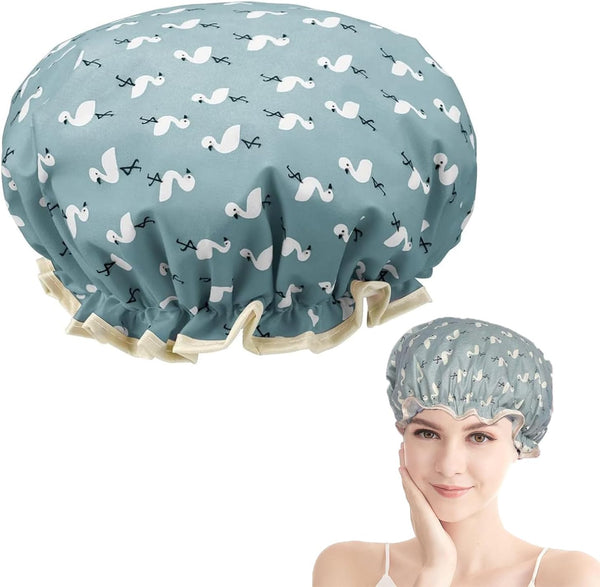 Double Layer Shower Cap for Women Waterproof Reusable Elastic Band, Ruffled Edges Covering Ears for Long, Short & Curly Hair (Blue Bird)