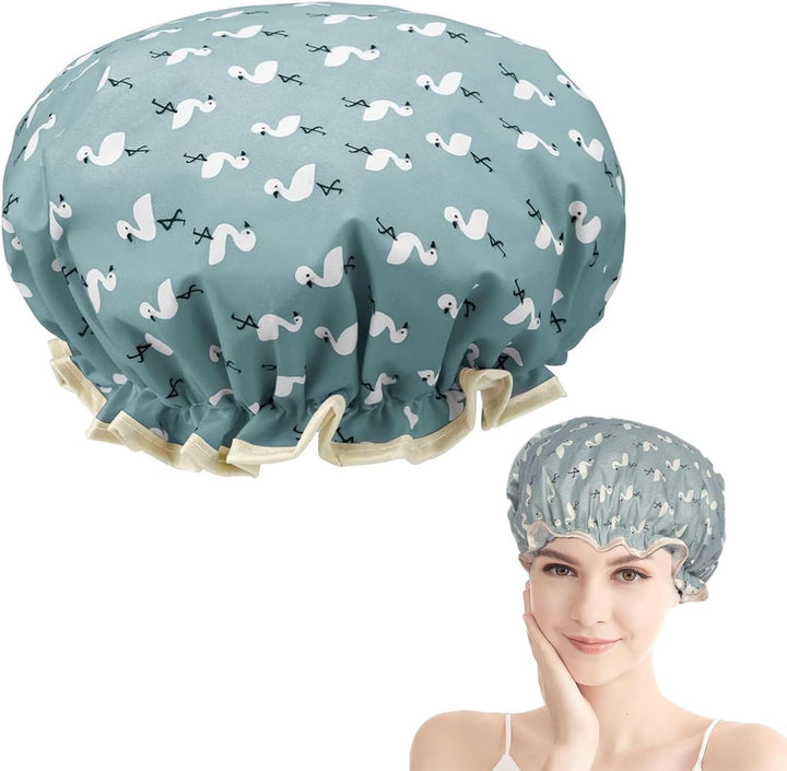 Double Layer Shower Cap for Women Waterproof Reusable Elastic Band, Ruffled Edges Covering Ears for Long, Short & Curly Hair (Blue Bird)