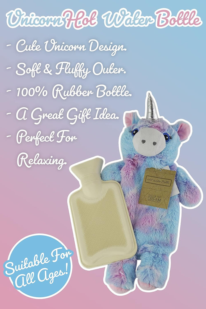 Hot Water Bottle with Rainbow Coloured Faux Fur Unicorn Design Cover