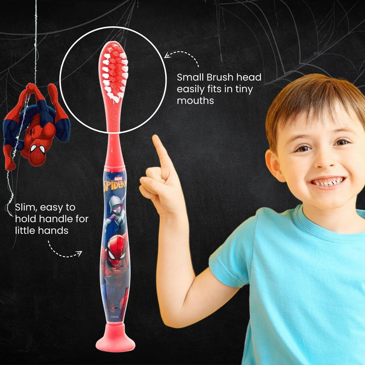 Marvel Spiderman Kids Toothbrush Travel Set – Includes Mint-Flavoured Toothpaste & Soft-Bristle Toothbrush with Suction Cup & Protective Cap | Travel-Friendly Oral Care Kit for Children Ages 3+