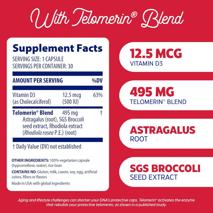 , Telomere Plus, Cellular Support, Dietary Supplement, 30 Capsules, Vegetarian, Gluten-Free, Soy-Free