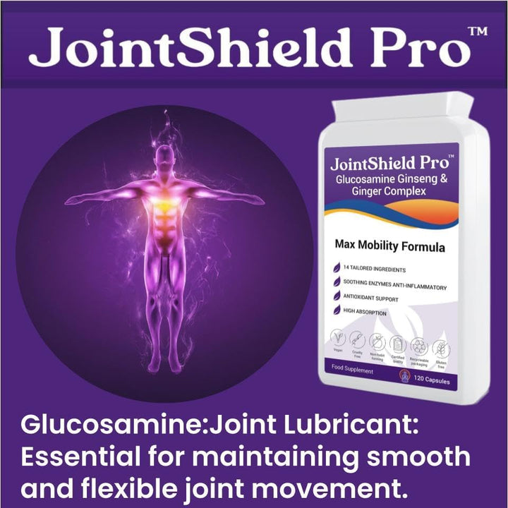 Jointshield Pro Glucosamine, Ginseng, Ginger Supplement with VIT C, MSM, Cherry, Rosehip, ACV, Turmeric & Calming Enzymes - Supports Osteoarthritis, Knee, Ankle Swelling & Inflammation Relief