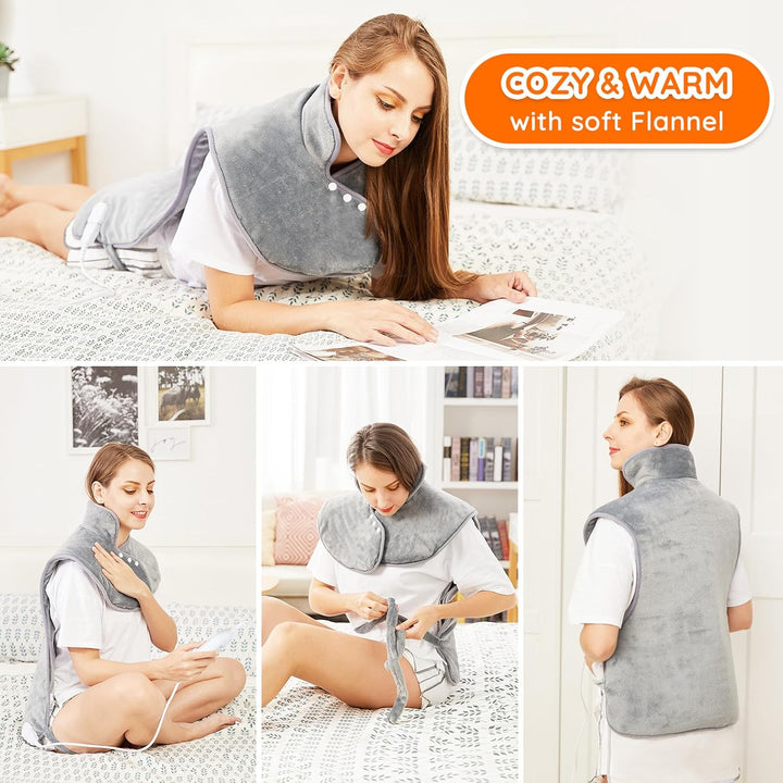 Electric Heating Pad for Back Neck Shoulders Pain Relief, XL 60X100Cm Soft Flannel Wrap, Waist Strap, Fast Heat Hot Therapy 6 Heat Settings, Auto-Off Timer, Machine Washable, UK Plug, Grey