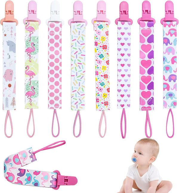 8Pcs Dummy Clip Girls, Baby Pacifier Clips Soother Clip Chains Dummy Strap Silicone Ring Adapter for All Dummies Soothers Teething Toys Newborn Essentials